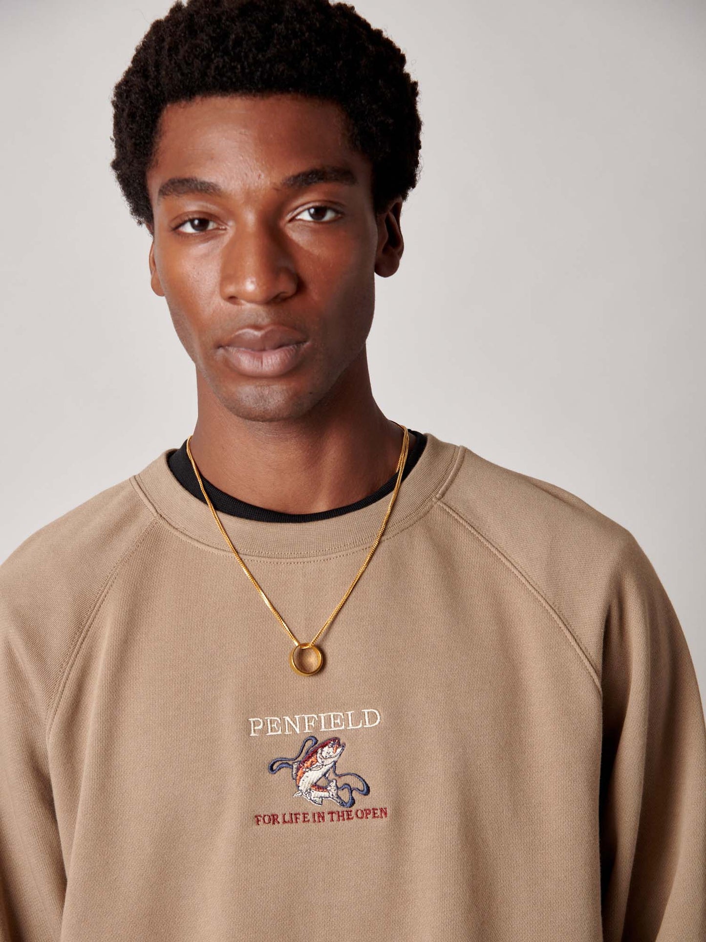 Embroidered Trout Crew in Lead Gray