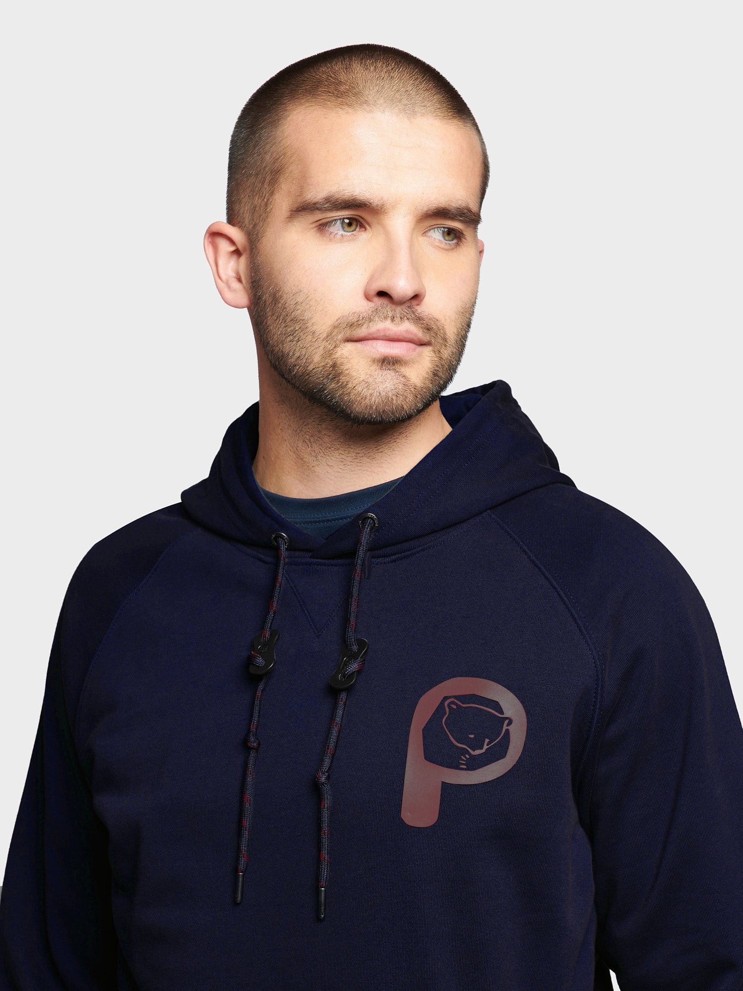 Large P Bear Chest Print Hoodie in Navy Blue