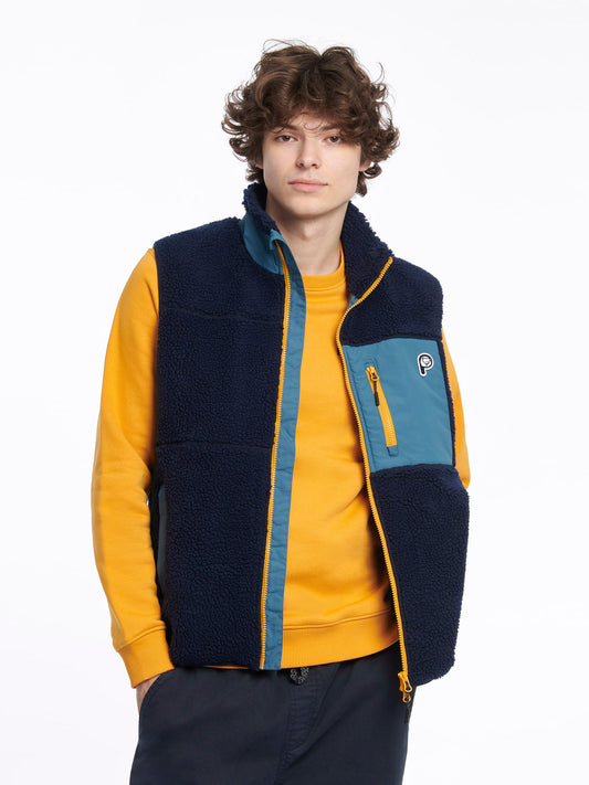 P Bear Colour Block Borg Fleece Vest in Navy Blue