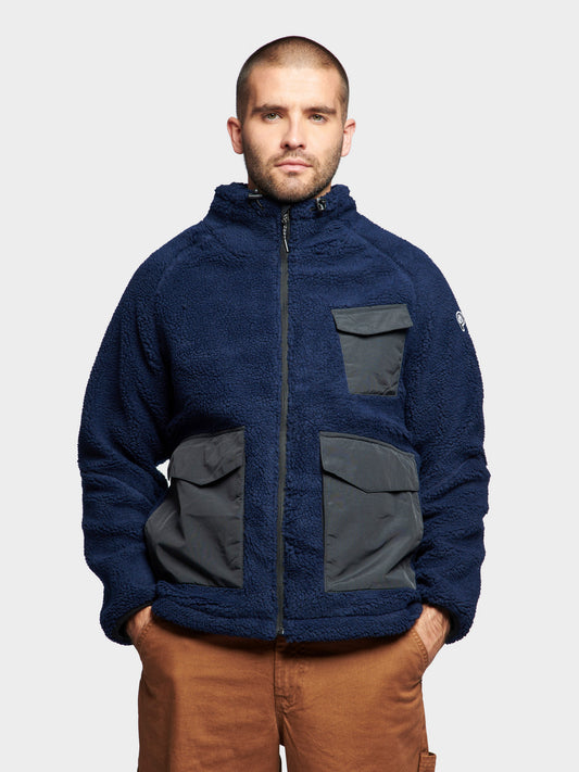 P Bear Angled Pocket Borg Fleece Jacket in Navy Blue