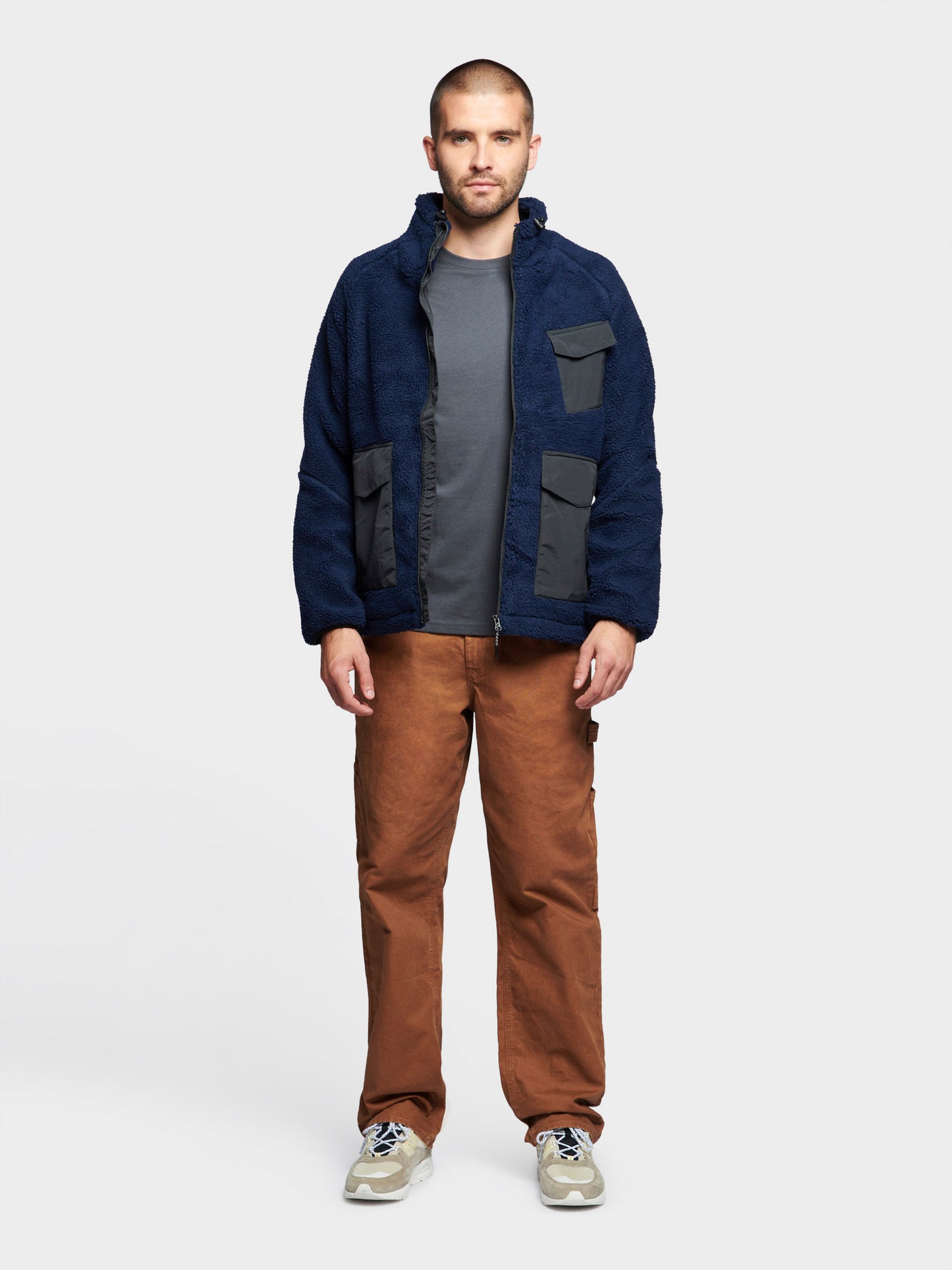 P Bear Angled Pocket Borg Fleece Jacket in Navy Blue