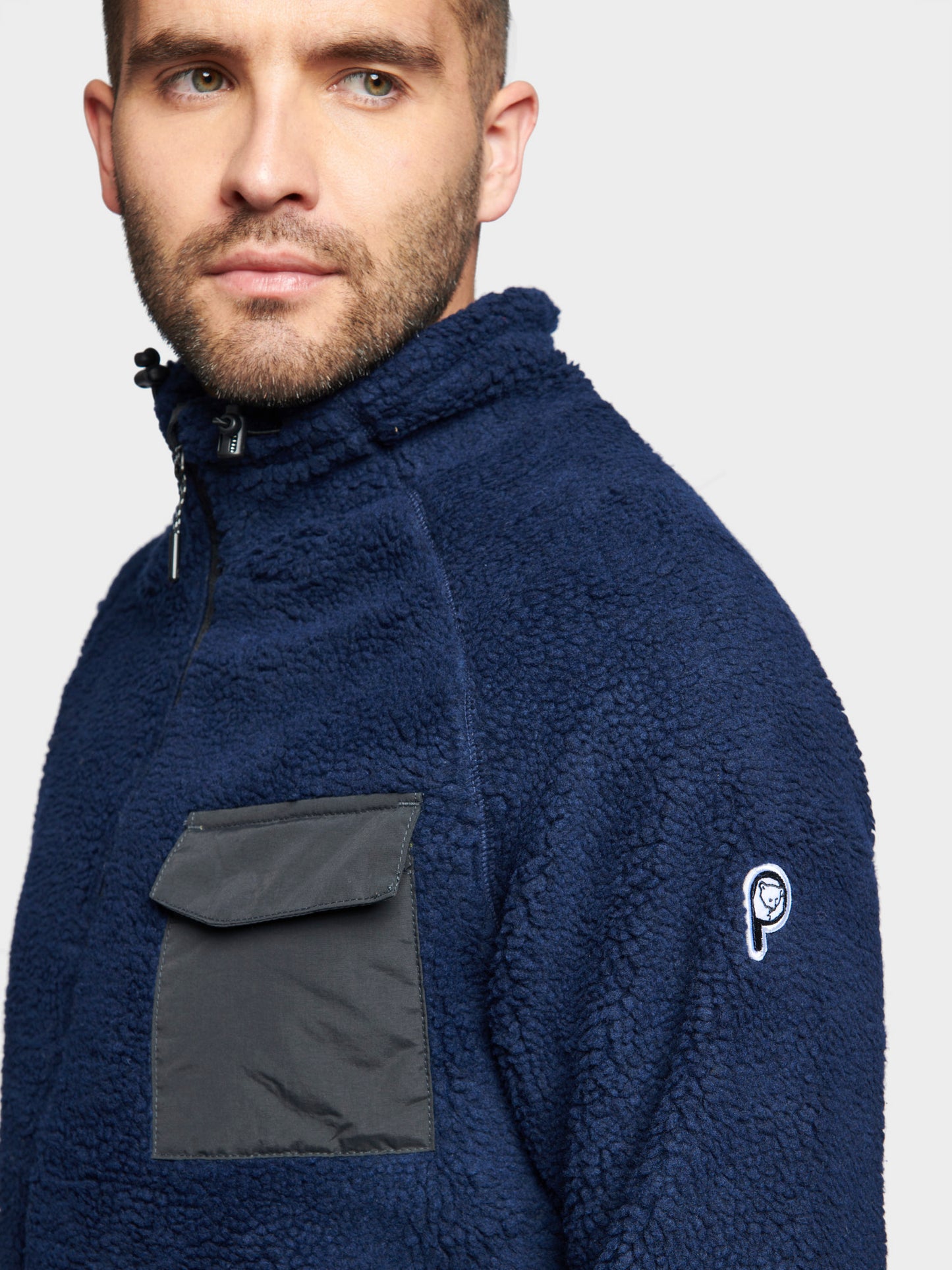 P Bear Angled Pocket Borg Fleece Jacket in Navy Blue