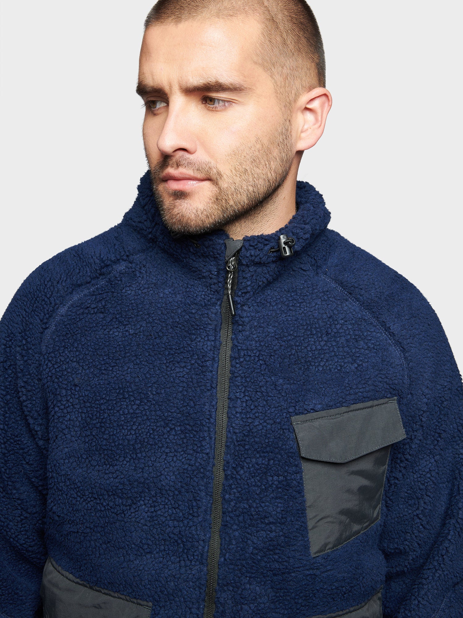 P Bear Angled Pocket Borg Fleece Jacket in Navy Blue