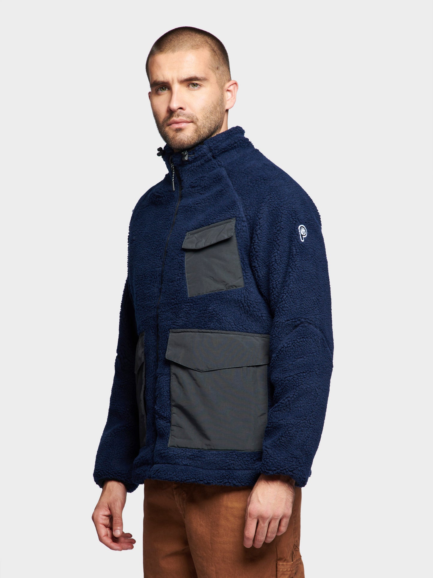 P Bear Angled Pocket Borg Fleece Jacket in Navy Blue