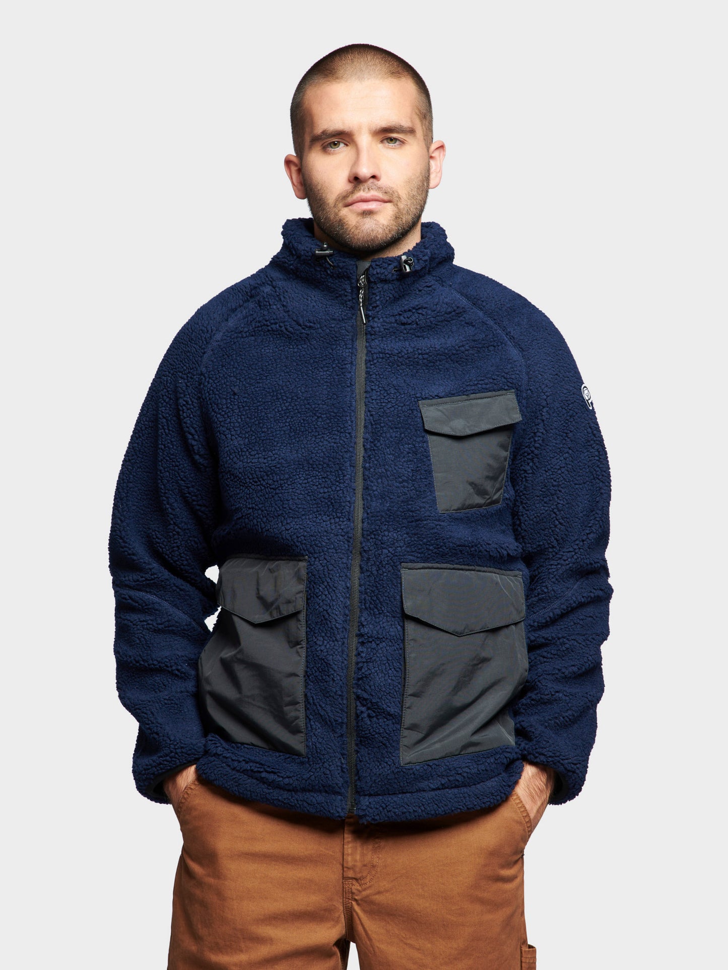 P Bear Angled Pocket Borg Fleece Jacket in Navy Blue