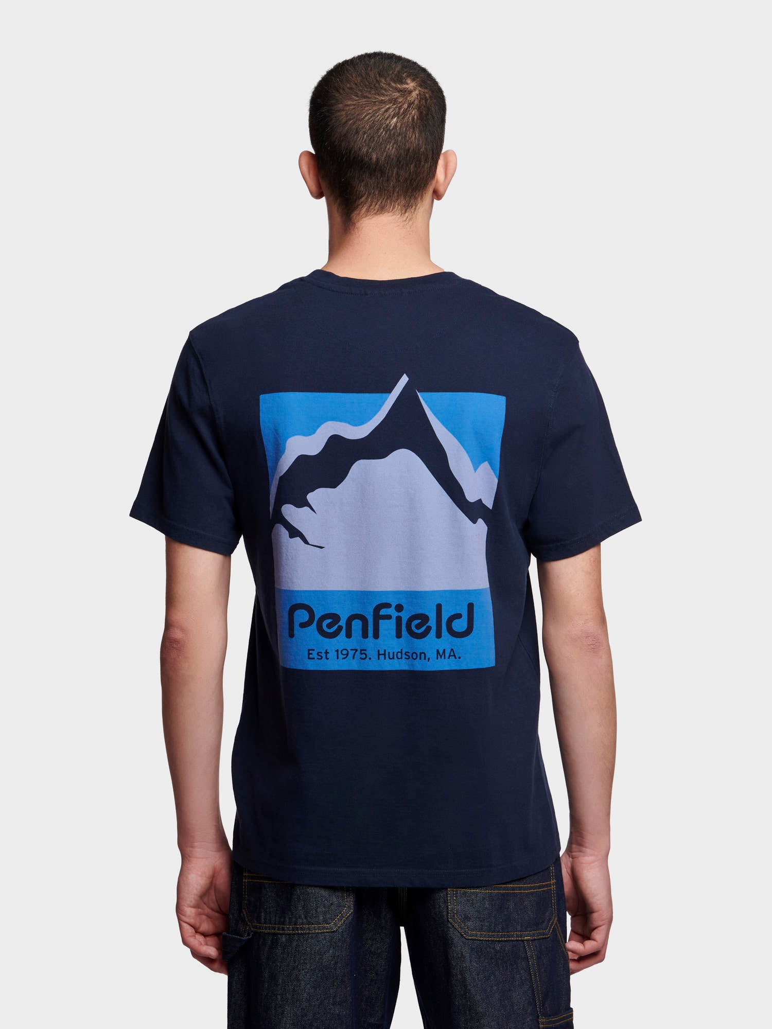 Relaxed Fit Mountain Scene Back Graphic T-Shirt in Navy Blue
