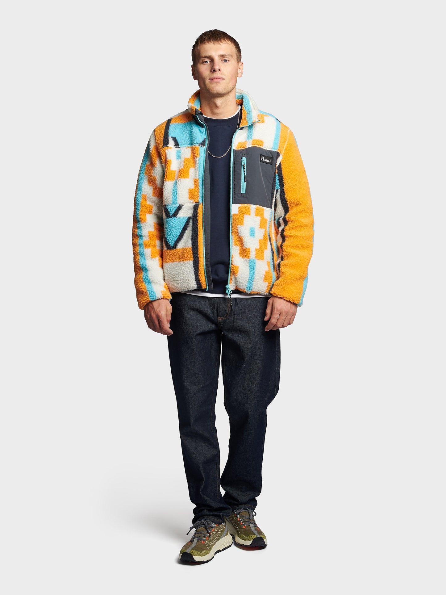 Mattawa Geo Print Borg Fleece Jacket in Apricot