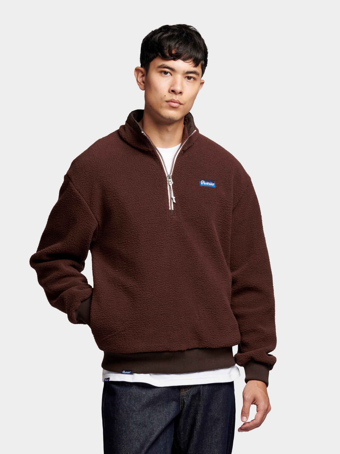 Penfield Mens 1/4 Zip Funnel Neck Fleece in Chicory Coffee