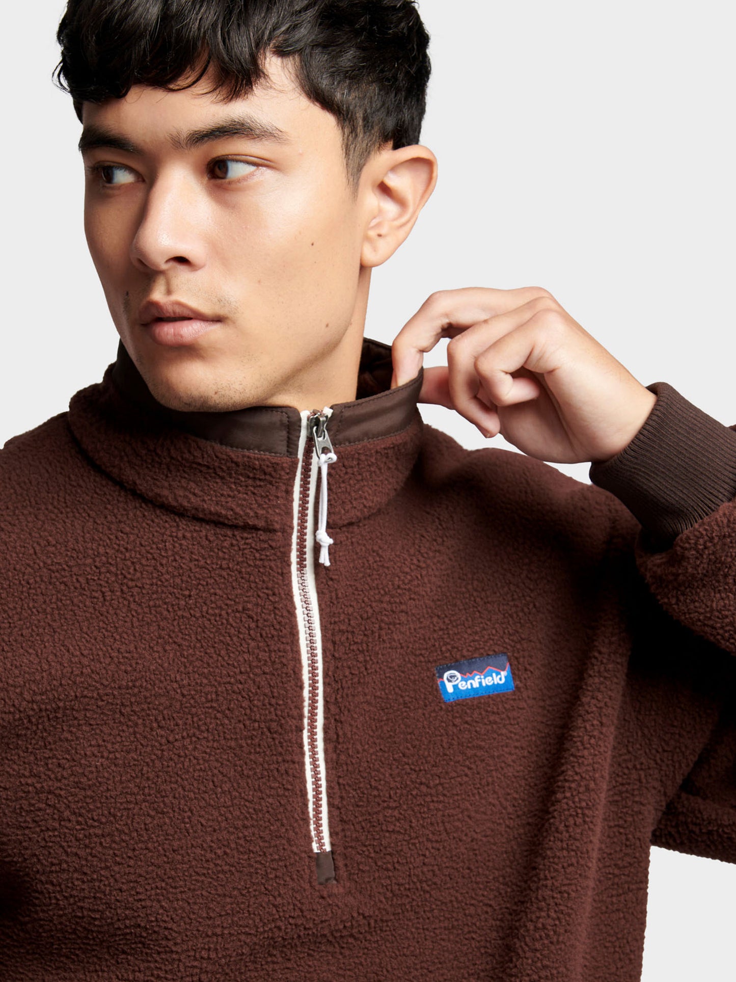 Penfield Mens 1/4 Zip Funnel Neck Fleece in Chicory Coffee