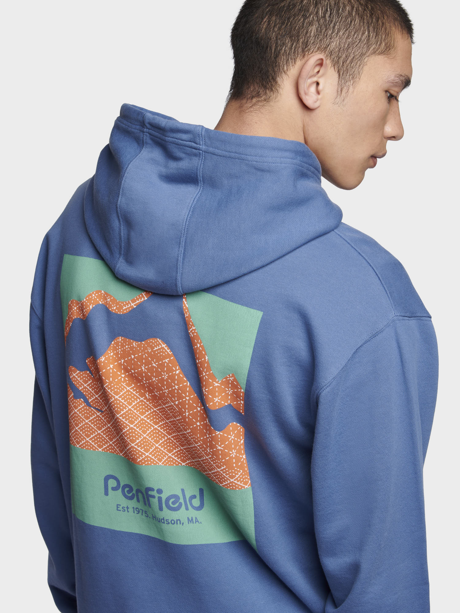 Relaxed Fit Mountain Back Print Hoodie in Blue Horizon