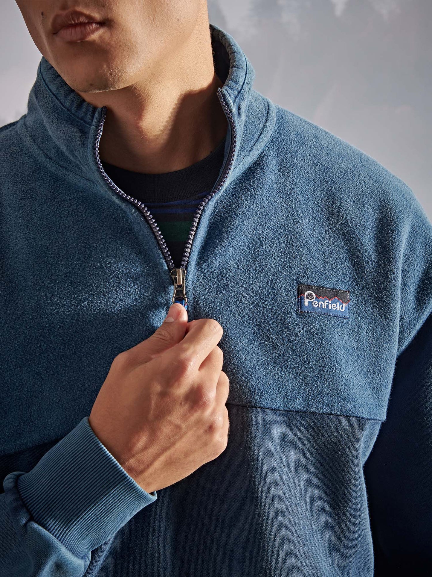 Penfield Mens Washed Panelled Funnel Neck Sweatshirt in Navy Blue