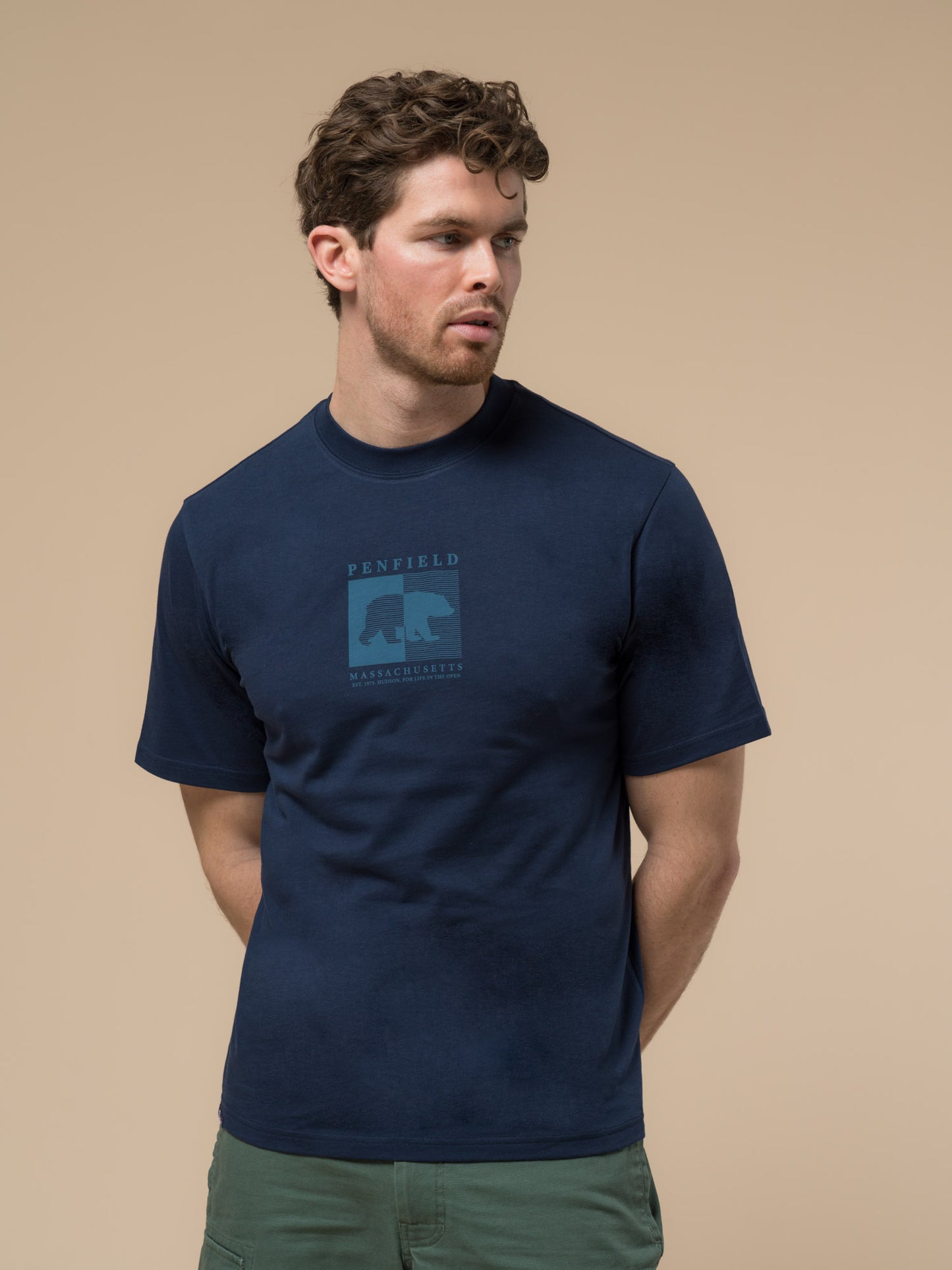 Penfield Mens Contrast Stripe Bear Graphic T-Shirt in Navy Blue