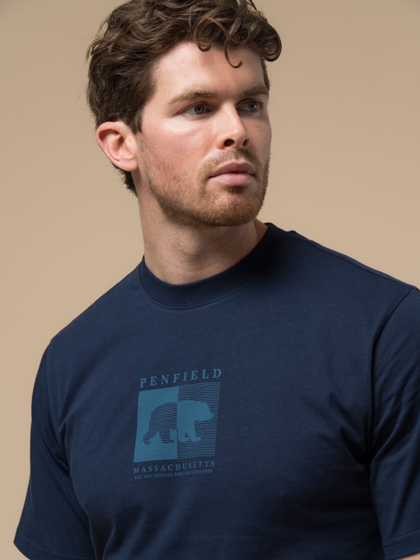 Penfield Mens Contrast Stripe Bear Graphic T-Shirt in Navy Blue