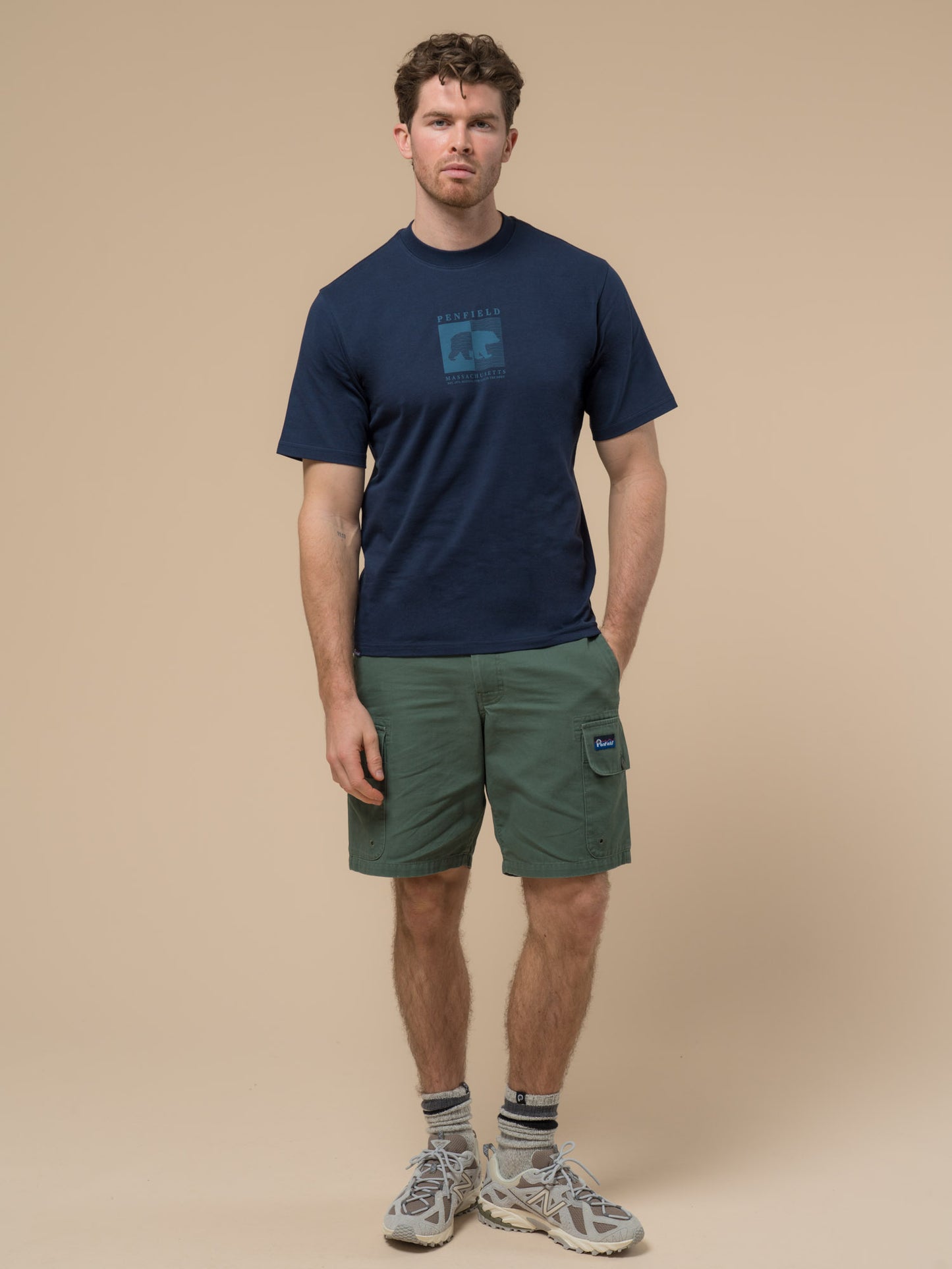 Penfield Mens Contrast Stripe Bear Graphic T-Shirt in Navy Blue