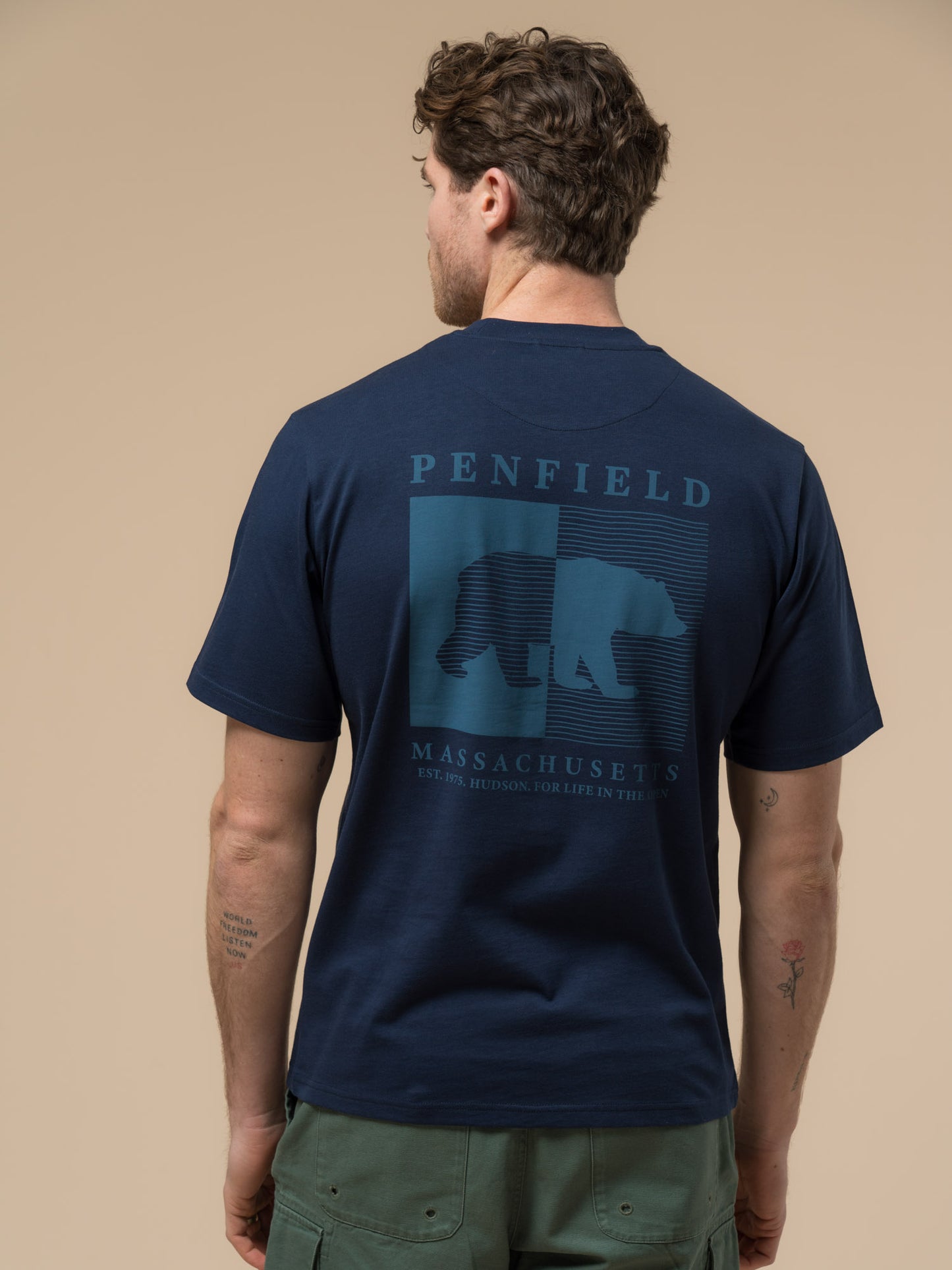 Penfield Mens Contrast Stripe Bear Graphic T-Shirt in Navy Blue