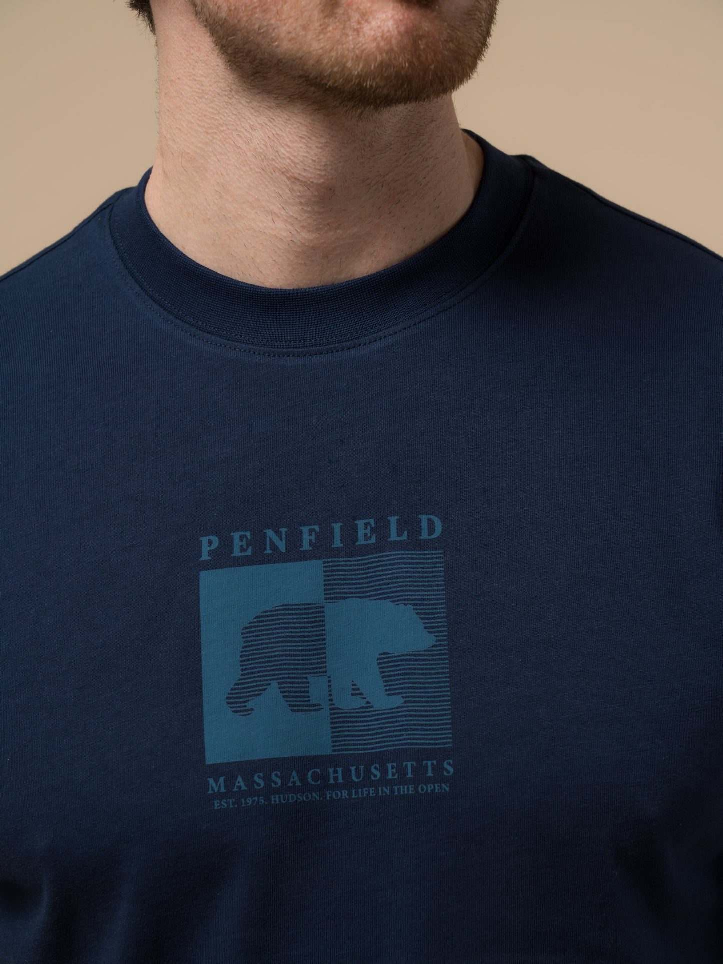 Penfield Mens Contrast Stripe Bear Graphic T-Shirt in Navy Blue