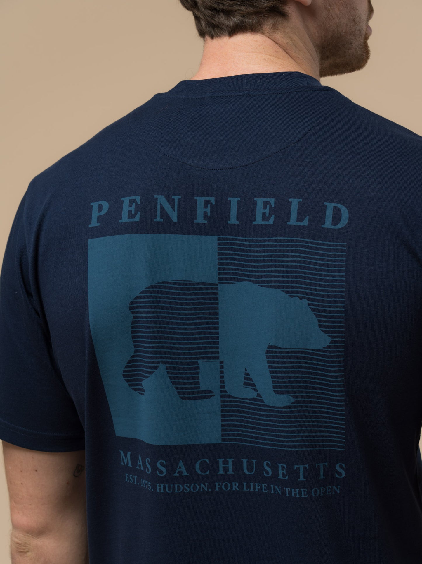 Penfield Mens Contrast Stripe Bear Graphic T-Shirt in Navy Blue
