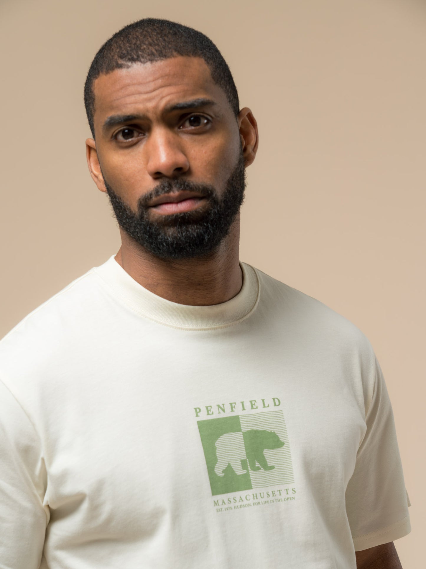 Penfield Mens Contrast Stripe Bear Graphic T-Shirt in Vanilla Ice