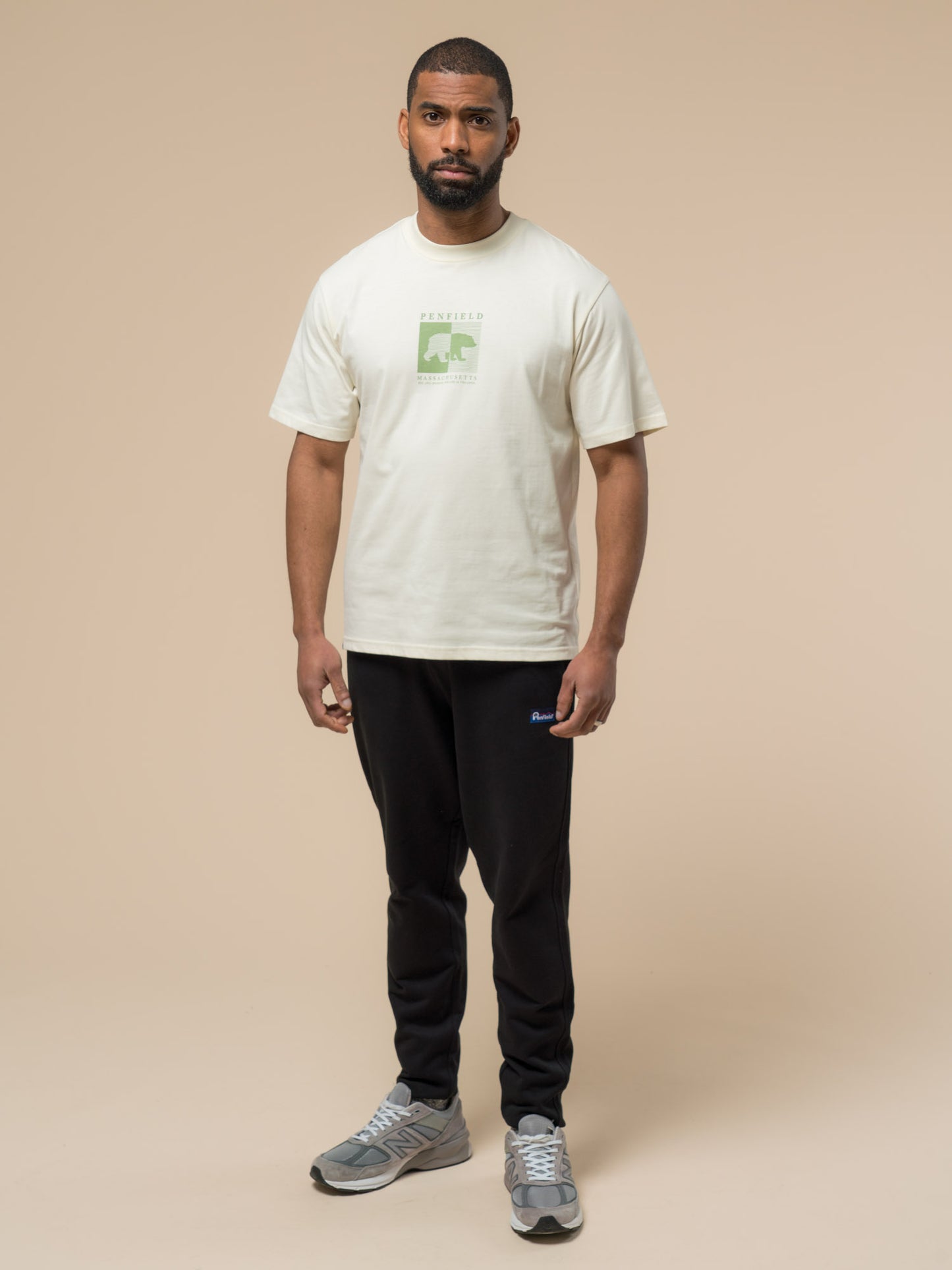 Penfield Mens Contrast Stripe Bear Graphic T-Shirt in Vanilla Ice