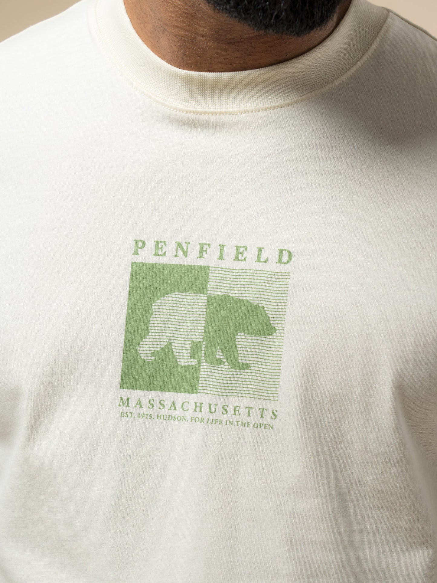 Penfield Mens Contrast Stripe Bear Graphic T-Shirt in Vanilla Ice