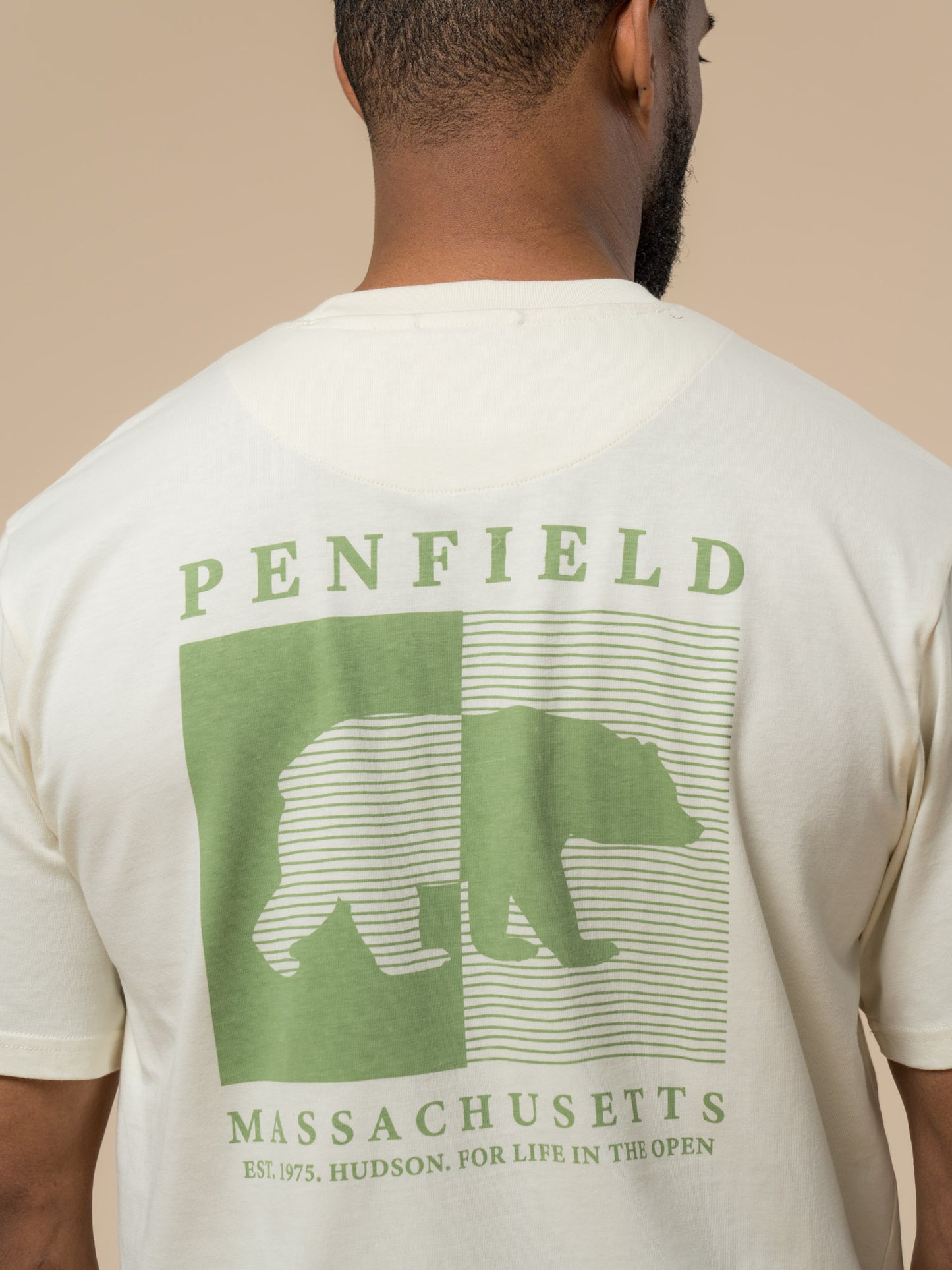 Penfield Mens Contrast Stripe Bear Graphic T-Shirt in Vanilla Ice
