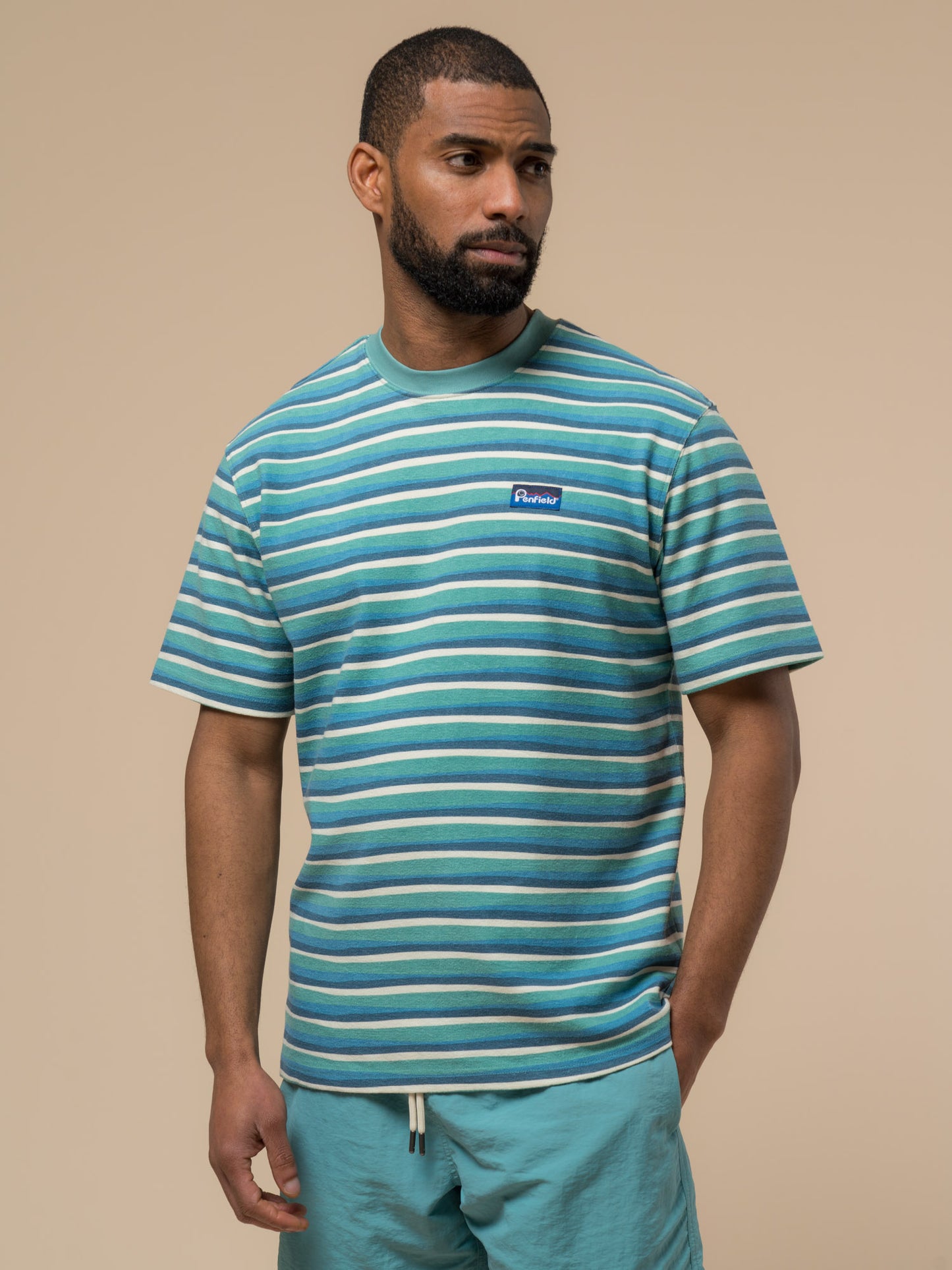 Penfield Mens Wave Texture Stripe T-Shirt in Dusty Turquoise