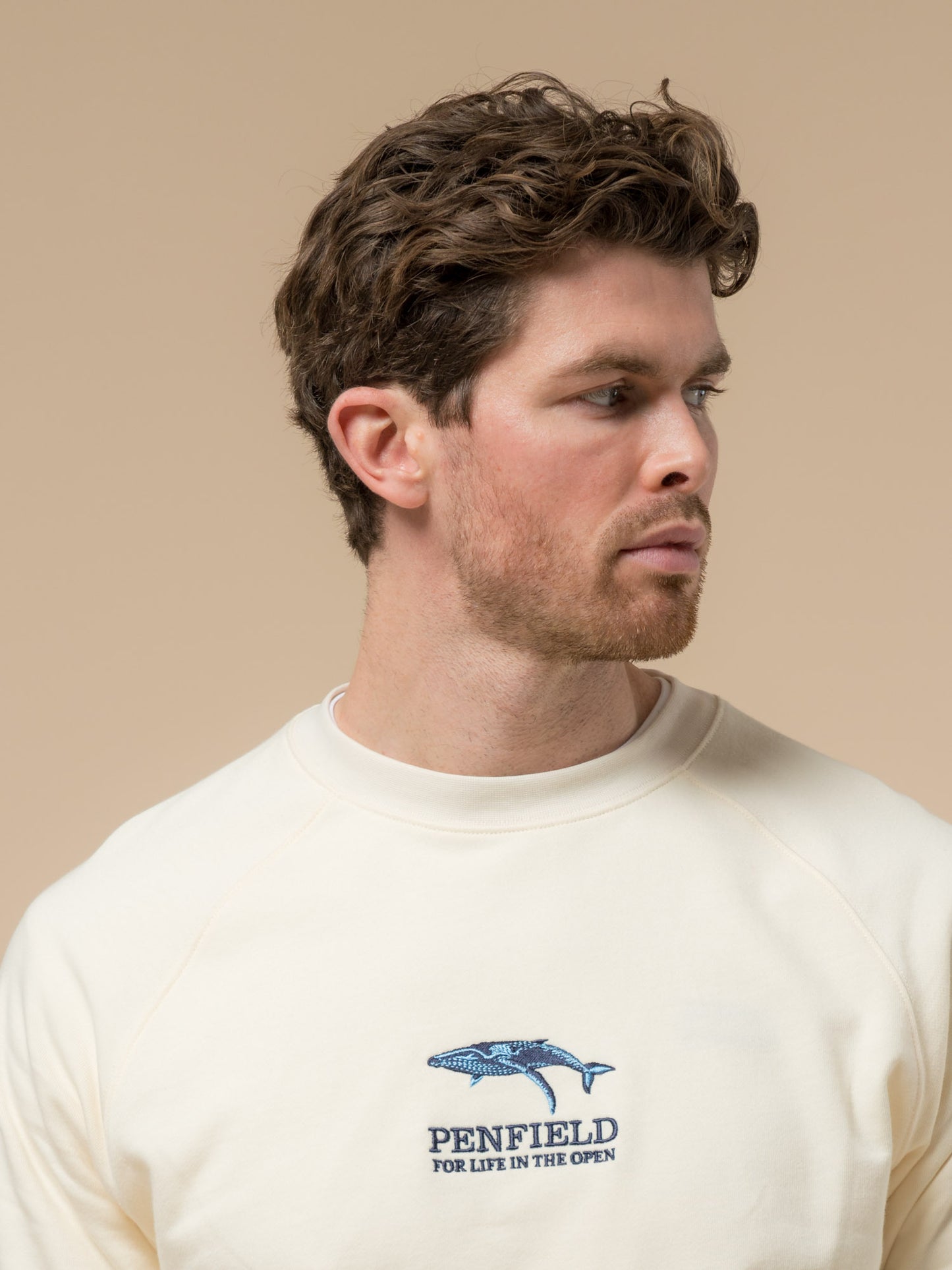 Penfield Mens Embroidered Retro Whale Sweatshirt in Vanilla Ice