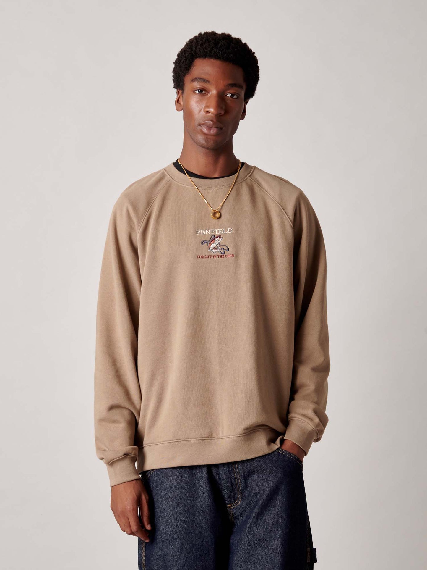 Embroidered Trout Crew in Lead Gray