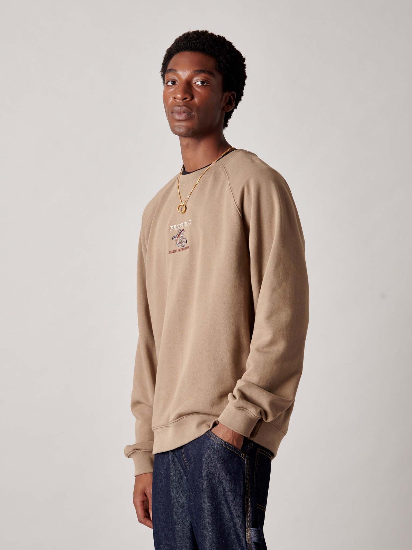 Embroidered Trout Crew in Lead Gray